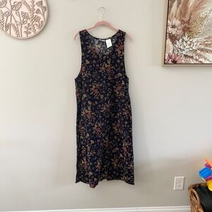 VTG Erika & Co Sz S Navy Floral Corduroy Jumper Dress Sleeveless Midi Pockets